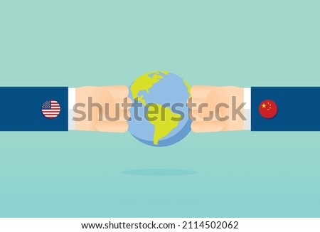 Businessman fighting globe with China and USA flag, power struggle, scramble for leadership, world power, Vector illustration design concept in flat style