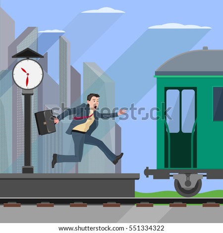 Flat design style business illustration, man hurry to the departing train