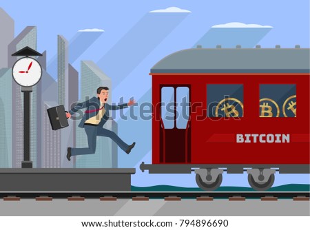 young business man tries to jump into a departing bitcoin train