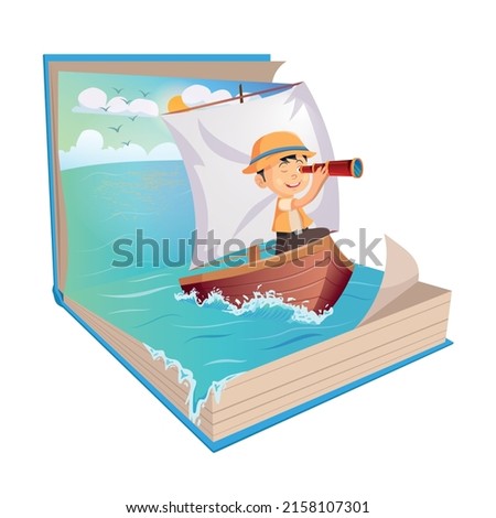 Little sailor boy holding telescope on sailboat in a open Book on white background