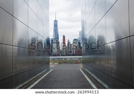 NEW YORK - MARCH 15, 2015: New York City sky line through the Empty Sky: New Jersey September 11 Memorial with the  missing World Trade Center Twin Towers