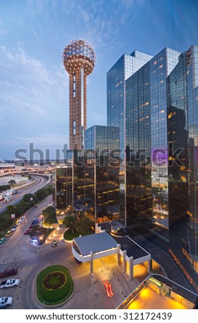 DALLAS, TEXAS - AUG. 25. 2015: The iconic spherical Reunion Tower and the Hyatt Regency Dallas after sunset