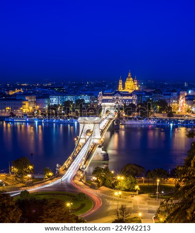 The night view of the Chain bridge, the Danube and Saint Istvan\'s basil from Buda castle area in Budapest, Hungary
