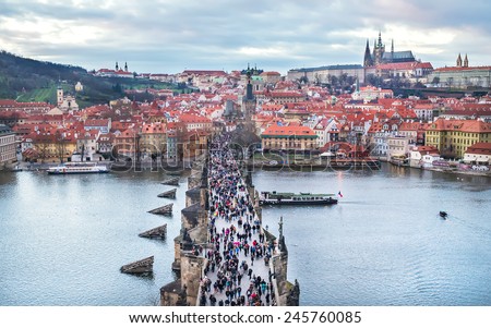 Charles bridge, Prague, Czech Republic, 25.12.2014: the view over the Charles bridge, Mala Strana and the castle from the top of the Charles bridge tower on a Christmas day