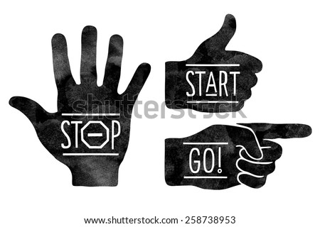 Navigation signs. Black hands silhouettes - pointing finger, stop hand and thumb up. Stop, Start, Go. Vector illustration