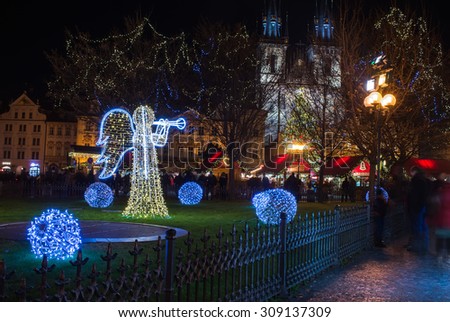PRAGUE, CZECH REPUBLIC - DECEMBER, 25: Holiday lights at Old Town or Staromestska square in  Prague, Czech Republic, December, 25, 2014