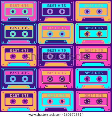 Seamless pattern with a retro tape cassette. Vintage music, 1980s pop songs, stereo cassettes. 90 s disco dance audio cassette,  player record tape. 