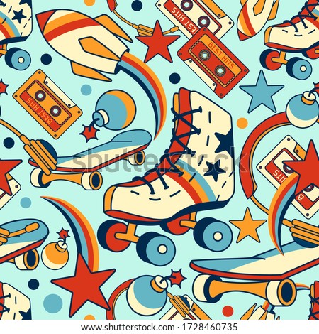 Character seamless pattern with 90 s disco dance audio cassette, rollers, skateboard, retro tape cassette. Concept of: vintage music, old school,1980s pop songs.
