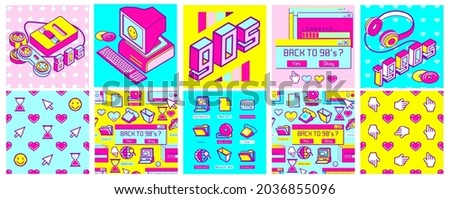 Old computer aesthetic square poster, vibrant seamless pattern. Sticker pack of retro computer elements. Nostalgia pixel window. Vivid 80s -90s style retro user interface and desktop illustration.