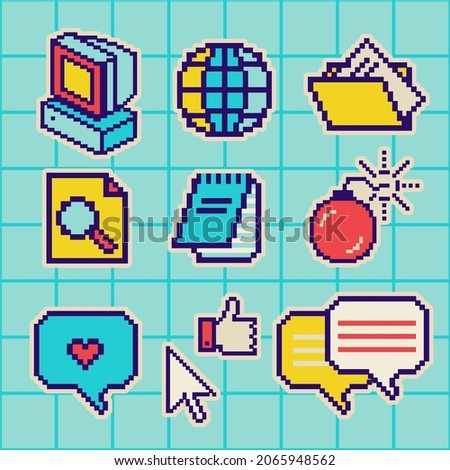 Old Computer icons. Fun pixel art style stickers and patches.  Isolated desktop elements: computer, folder, browser, cursor, thumb up, web search shortcut, message. Nostalgia 90's badges.
