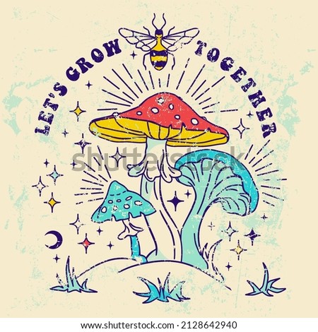 Let's grow together Slogan Print with Hippie Style Mushrooms Background, 70's Groovy Themed Hand Drawn doodle Graphic Tee  Sticker with shrooms Stock fotó © 