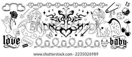 Y2k Tattoo art 90s, 00's silhouettes. Angel, baby demon, butterfly, barbed wire, fire, flame, love art, heart in glam weird style. Vector hand drawn tattoo. Black and white colors, goth stickers.