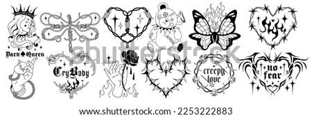 Emo gothic Tattoo art, vintage 90s, 00's silhouettes. Spike wire hearts, fire, flame, love art, heart in glam weird style. Mystic vector hand drawn tats. Y2k, black and white colors, goth stickers.