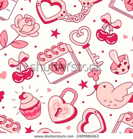 Seamless pattern for Valentine's Day. Heart shaped doodles decoration: handcuffs, key with lock, calendar, cherry, bird with flower, rose. Light pink tone fabric, wrapping paper or background