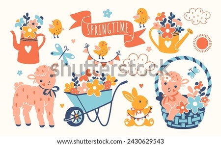 Spring sticker collection. Adorable Easter holiday animals and decorations. Bright vector clip art. Hand drawn bunny, flowers, wheelbarrow, watering pot, chicken and lamb isolated on white background.