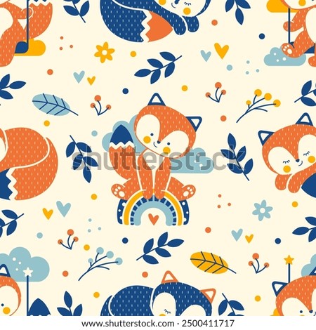 Seamless background featured cute foxes. Cheerful playground with funny baby animals. Colorful flat style seamless vector print