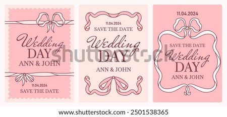 Wedding day or save-the-date cards with hand drawn bows and ribbons, Pastel pink shades, conveying elegance and romance. Coquette core vibe frames for copy space. Lovely sweet vector templates