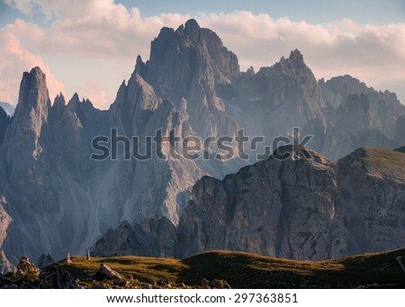 Cadini mountain group with Cima Cadin di NE, Cima Cadin di San Lucano, Cima di Croda Liscia and Torre Siorpaes  as seen from Rifugio Lavaredo, Sesto Dolomites, South Tirol, Italy