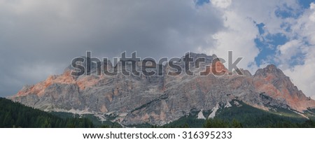 Lavarela and Cunturines peaks of Lavarela mountain group as seen from San Cassiano, Val Badia, Alta badia, Dolomites, Trentino, Alto Adige, South Tyrol, Italy