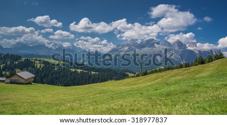 Marmolada massif, Sella mountain Group and Sassongher peak as seen from Piz La Ila mountain plateau meadows above La Villa, Val Badia, Alta Badia, Dolomites, Trentino, Alto-Adige, South Tyrol, Italy