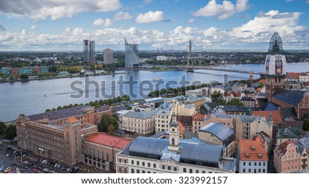 Old & New City of Riga, Latvia - September 27, 2015: Bird\'s eye views of the city from St. Peter\'s church lookout at 72 meters above ground