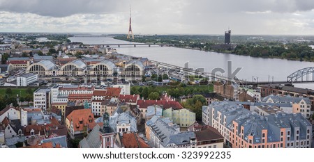 Old & New City of Riga, Latvia - September 27, 2015: Bird's eye views of the city from St. Peter's church lookout at 72 meters above ground