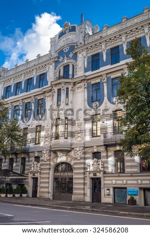 Art Nouveau buildings in Riga, Latvia-September 27, 2015: Over one third of all buildings in Riga are examples of this school of this unique architecture design style.