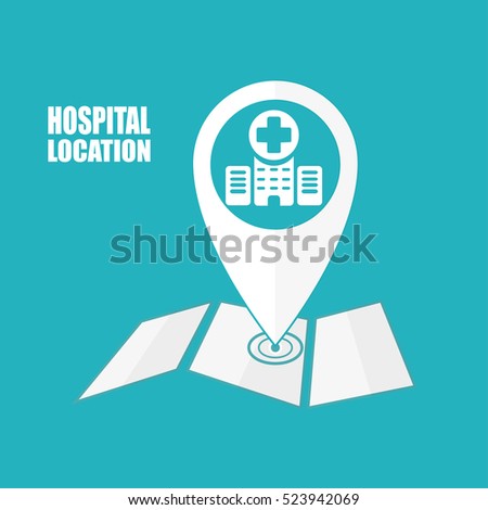 HOSPITAL LOCATION with map in a flat style. Map pointer