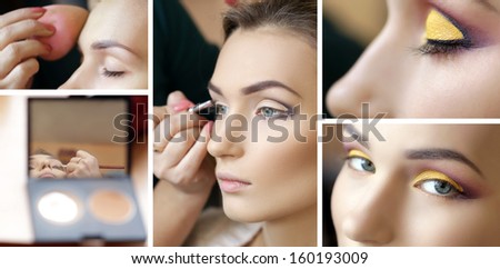 Set of makeup process, backstage, before and after