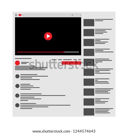 Youtube . Vector browser window with video player web site mock up . User Comments. Media Player template . Video player Interface. Vector illustration.