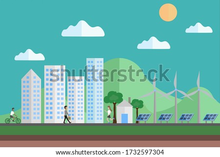 Energy saving concept. People living in eco friendly city, power saving system by wind turbine and solar cell system with a man cycling bicycle running woman and man walking and hold recycle product