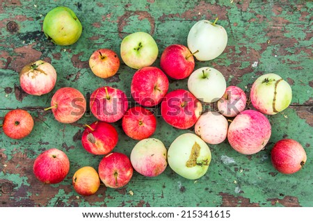 Mix of fresh organic apples on the old wooden painted board in the garden