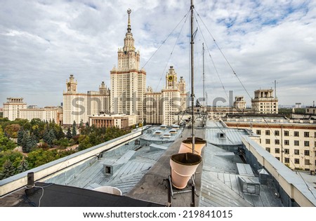 MOSCOW, RUSSIA - CIRCA OCTOBER 2014: Main building of Lomonosov Moscow State University, panoramic view from the roof of Faculty of Physics with atmosphere sounding equipment (SODAR)