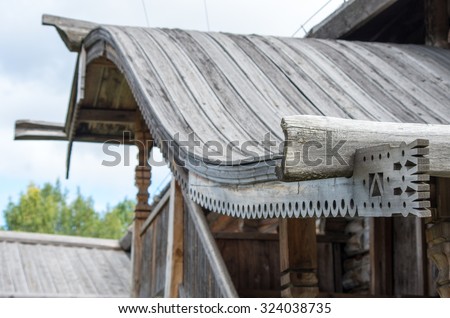 Decorative elements of traditional Russian house at Malye Korely, museum of Russian wooden architecture -  Arkhangelsk, Russia