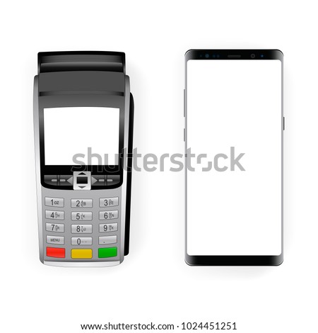 Payment terminal mockup and modern frameless smartphone mockup with blank screen. Concept to showcasing your mobile payment applications. Vector illustration