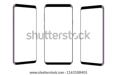 Set of modern frameless smartphones isolated on white background. Cellphones with front and side views. Vector illustration