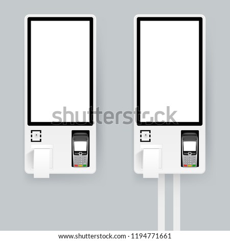 Self-ordering and self payment kiosk for fast food chains, restaurants and retailers. Floor standing and wall interactive kiosks. Vector illustration