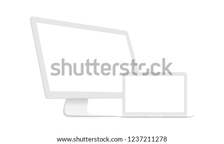 Computer Monitor With Laptop Clean Mockups Isolated On White Background. Vector Illustration