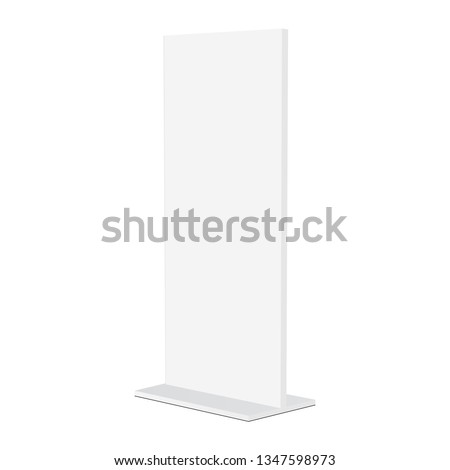 Advertising stand banner mockup isolated on white background - half side view. Vector illustration