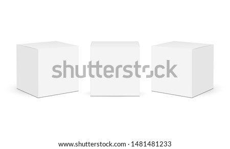 Three square paper boxes mockups isolated on white background. Vector illustration