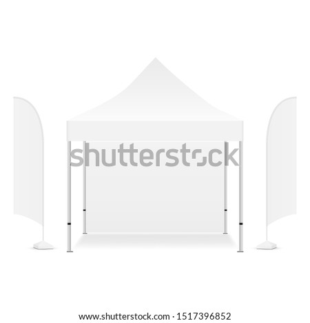 Square promotional canopy tent with two advertising flags, isolated on white background. Vector illustration