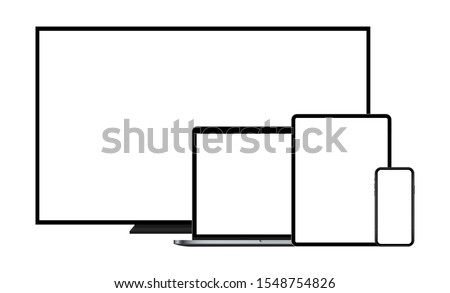 Modern devices mockups with blank screens: TV, laptop, tablet computer, mobile phone. Vector illustration