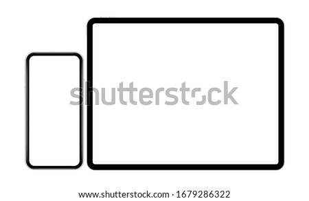 Mobile phone and tablet computer mockup isolated on white background. Modern electronic devices with blank screens. Vector illustration