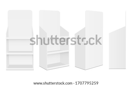 Blank POS display stands with various views isolated on white background. Vector illustration