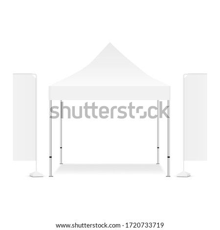 Blank square canopy tent with two rectangular promo flags isolated on white background. Vector illustration