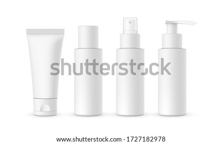 Blank cosmetic packaging mockup: tube, spray, bottle with press pump. Vector illustration