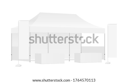 Pop up rectangular canopy tent, two flags, demonstration tables. Equipment for busines events, exhibitions. Vector illustration