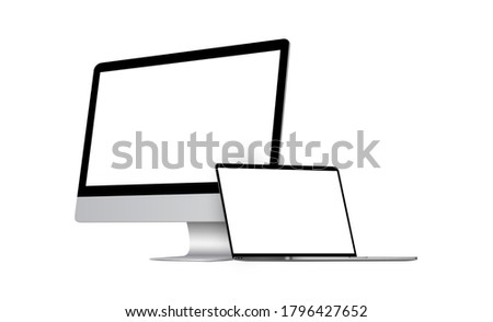 Desktop PC and laptop computer mockup with blank screens isolated on white background, perspective side view. Vector illustration