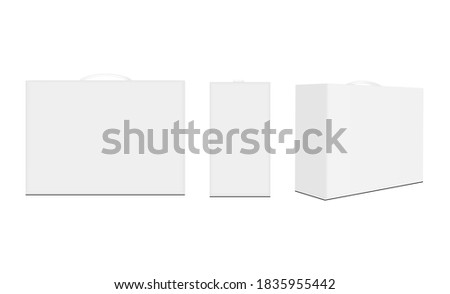 Set of rectangular boxes with handle, front and side view, isolated on white background. Vector illustration