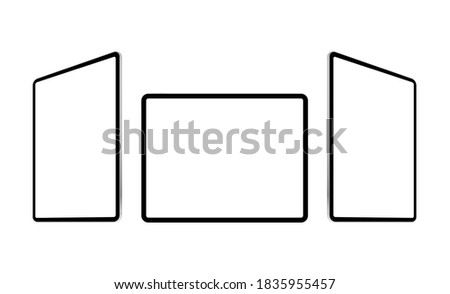 Black tablet computer mockup, front, side perspective view. Vector illustration